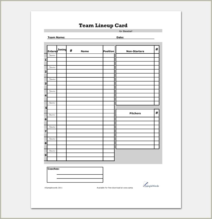 Free Quarter Fold Template For Baseball Lineup Card