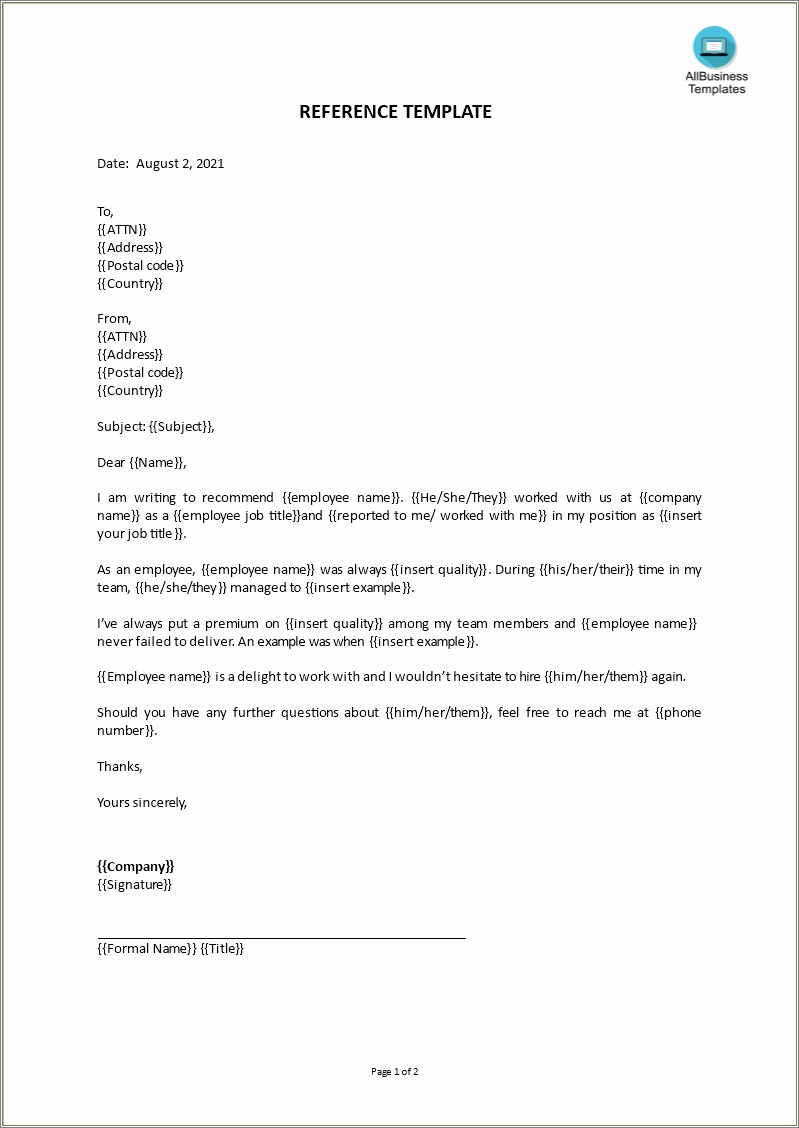 Free Reference Letter Template For Employment Word