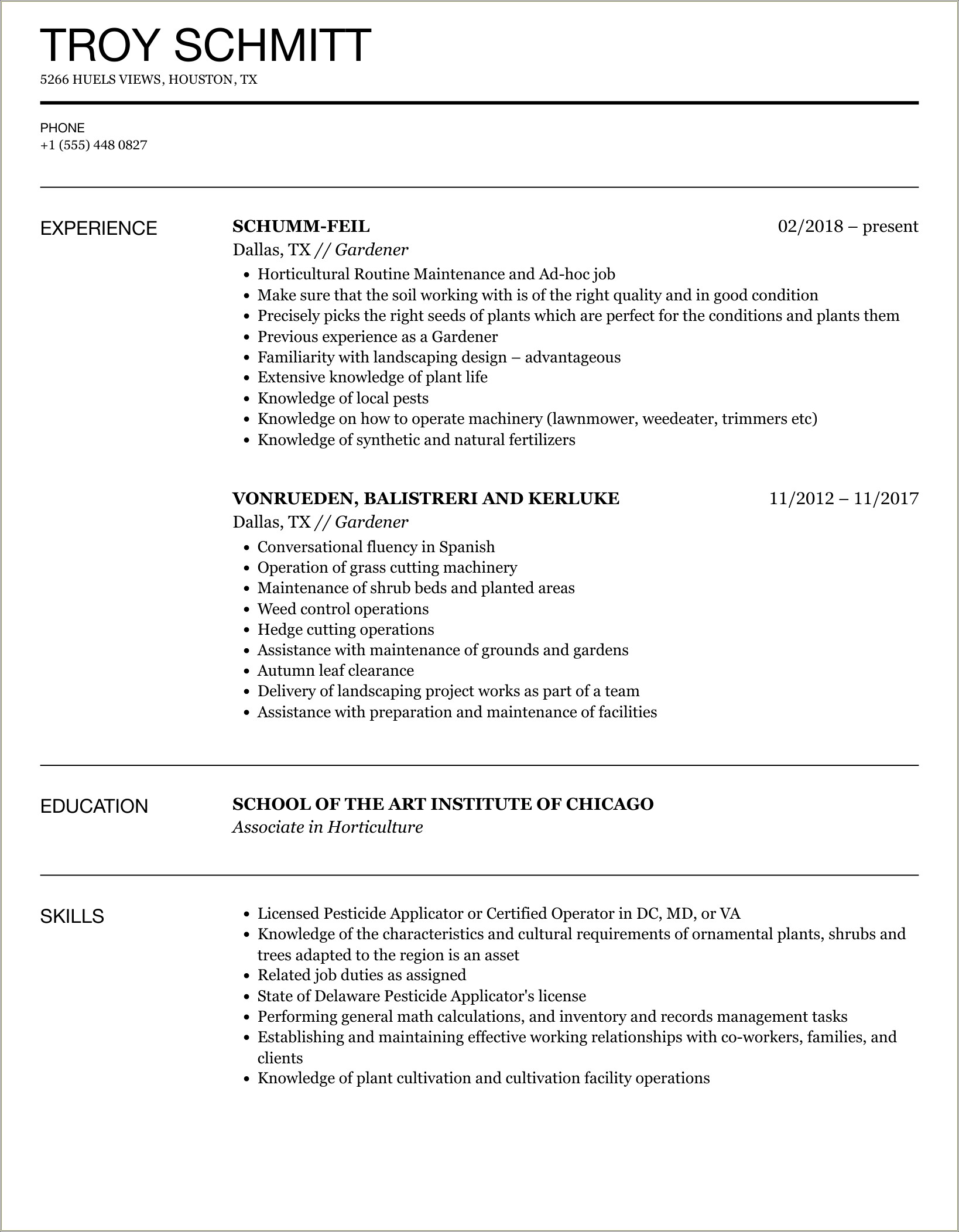 Free Resume Example For Horticulture