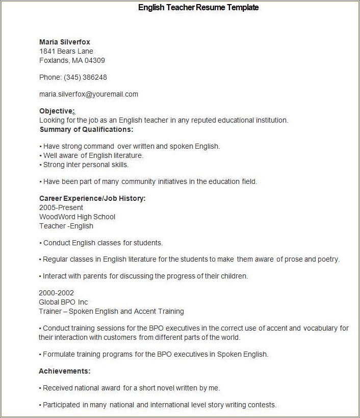 Free Resume For Teacher Jobs