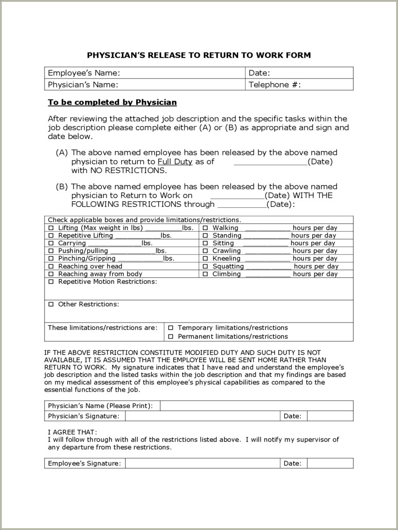 Free Return To Work Doctor Medical Form Template