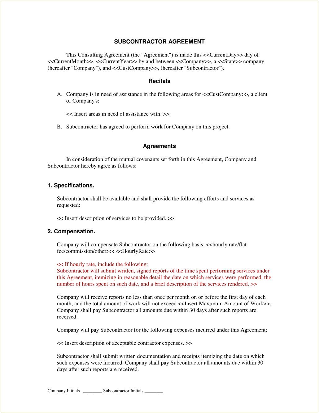 Free Subcontractor Agreement Template For Professional Services