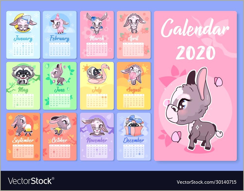 Free Template 2019 Monthly Calendar With Cute Animals