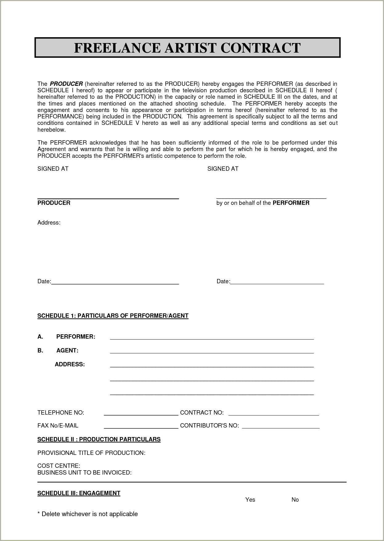 Free Template Contract Agreement Musician And Npo