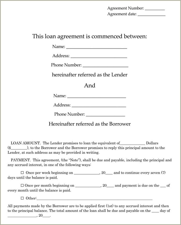 Free Template For A Loan Agreement Contract