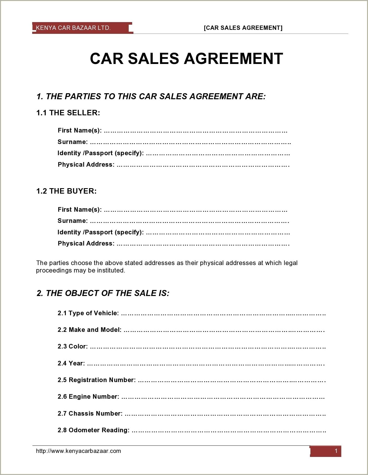 Free Template For A Used Auto Sales Agreement