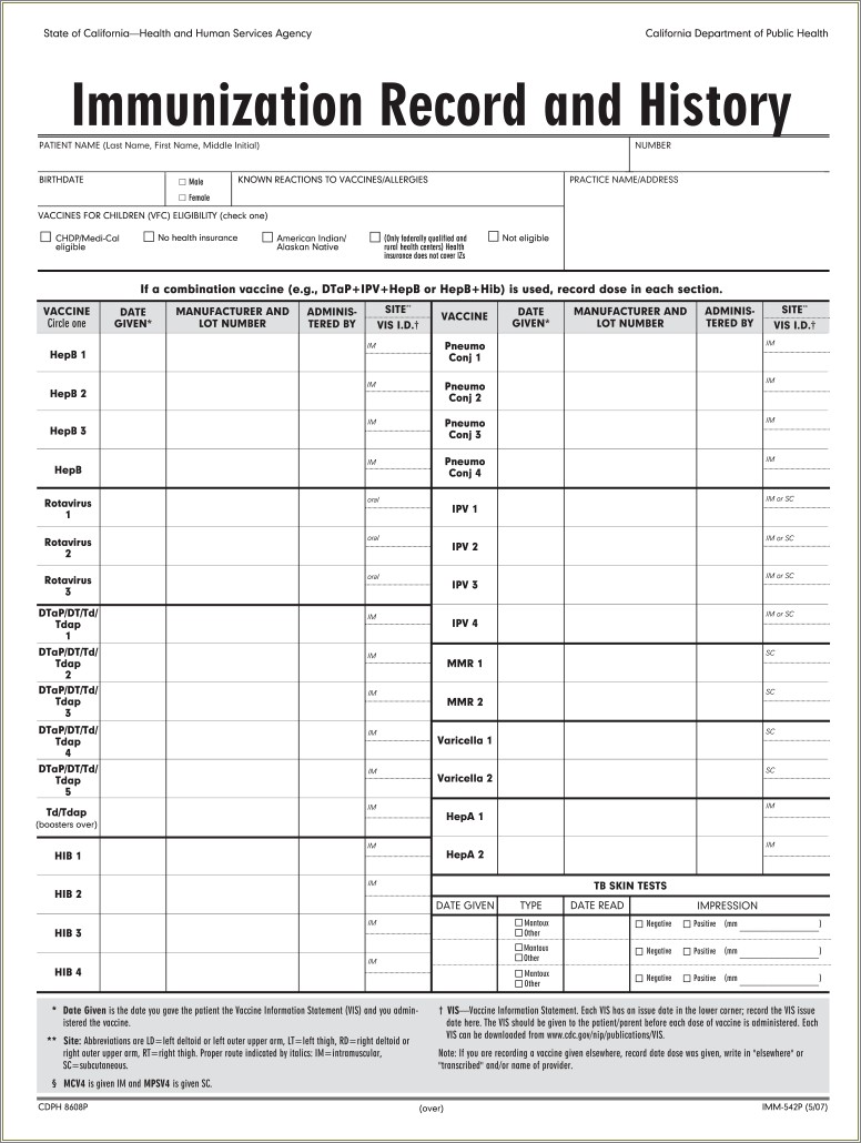 Free Template For Children's Shot Record