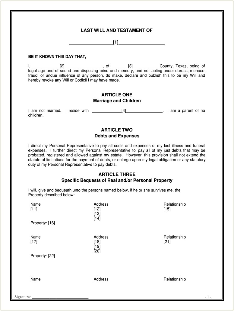 Free Template For Last Will & Testasmont Texas