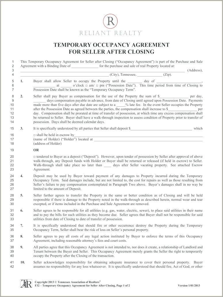 Free Template For Occupancy Agreement After Closing