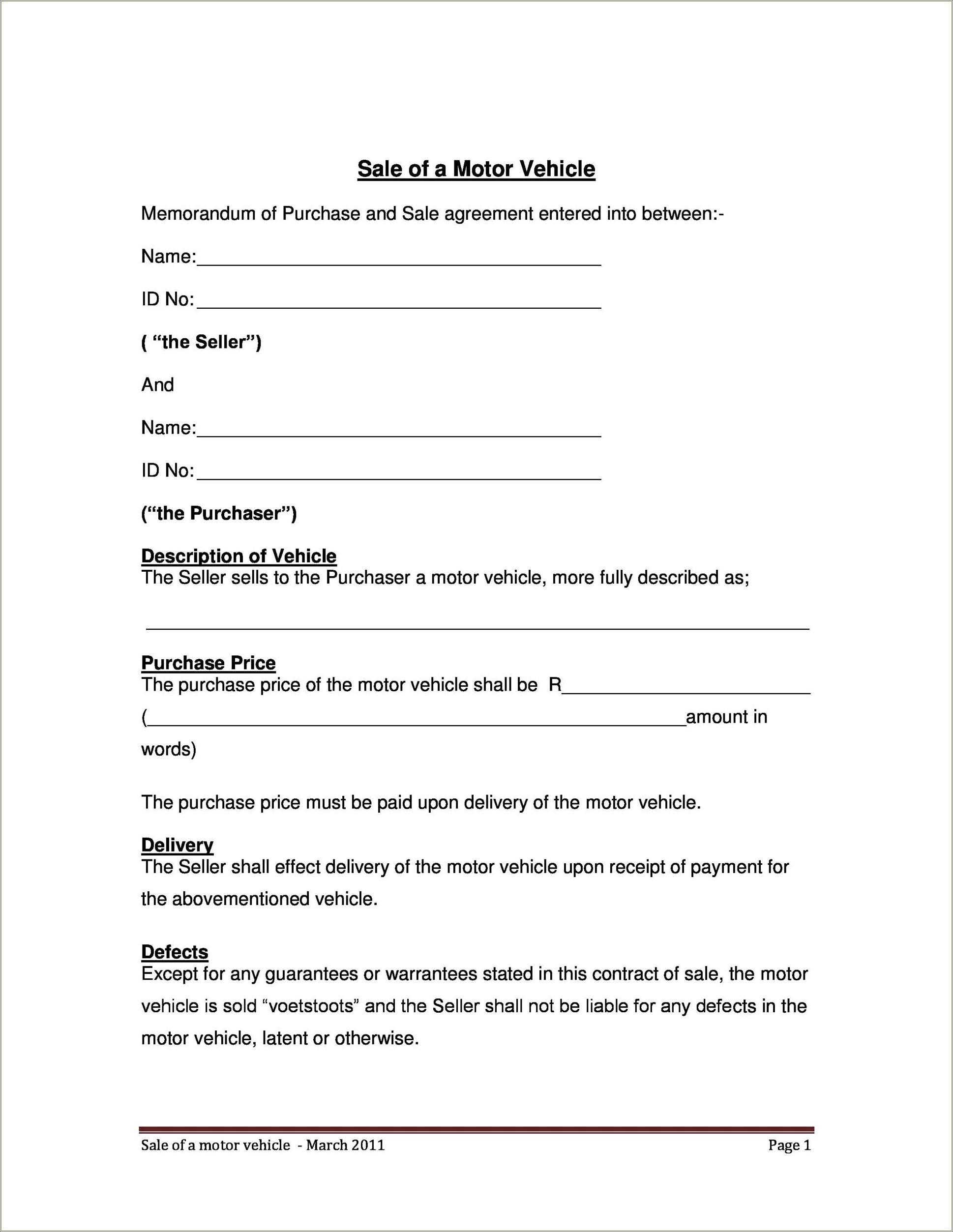 Free Template For Seller Buyer Auto Agreement