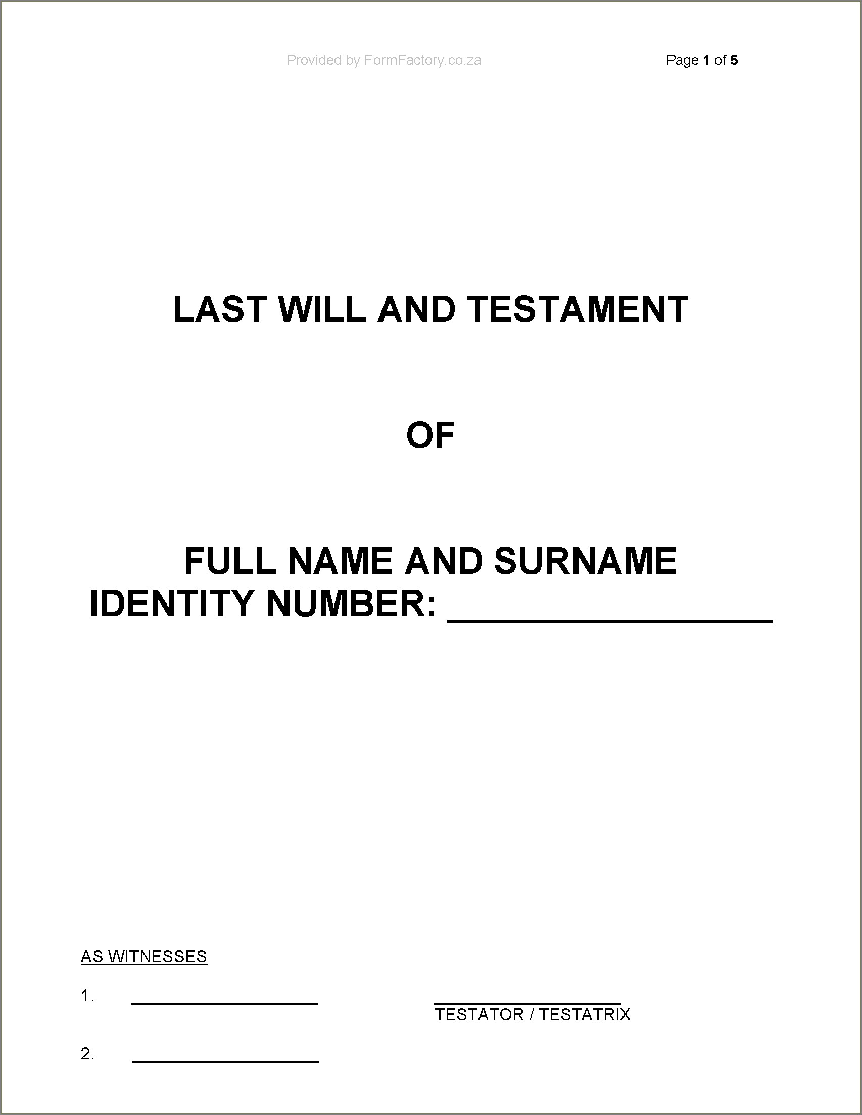 Free Template For Simple Last Will And Testament