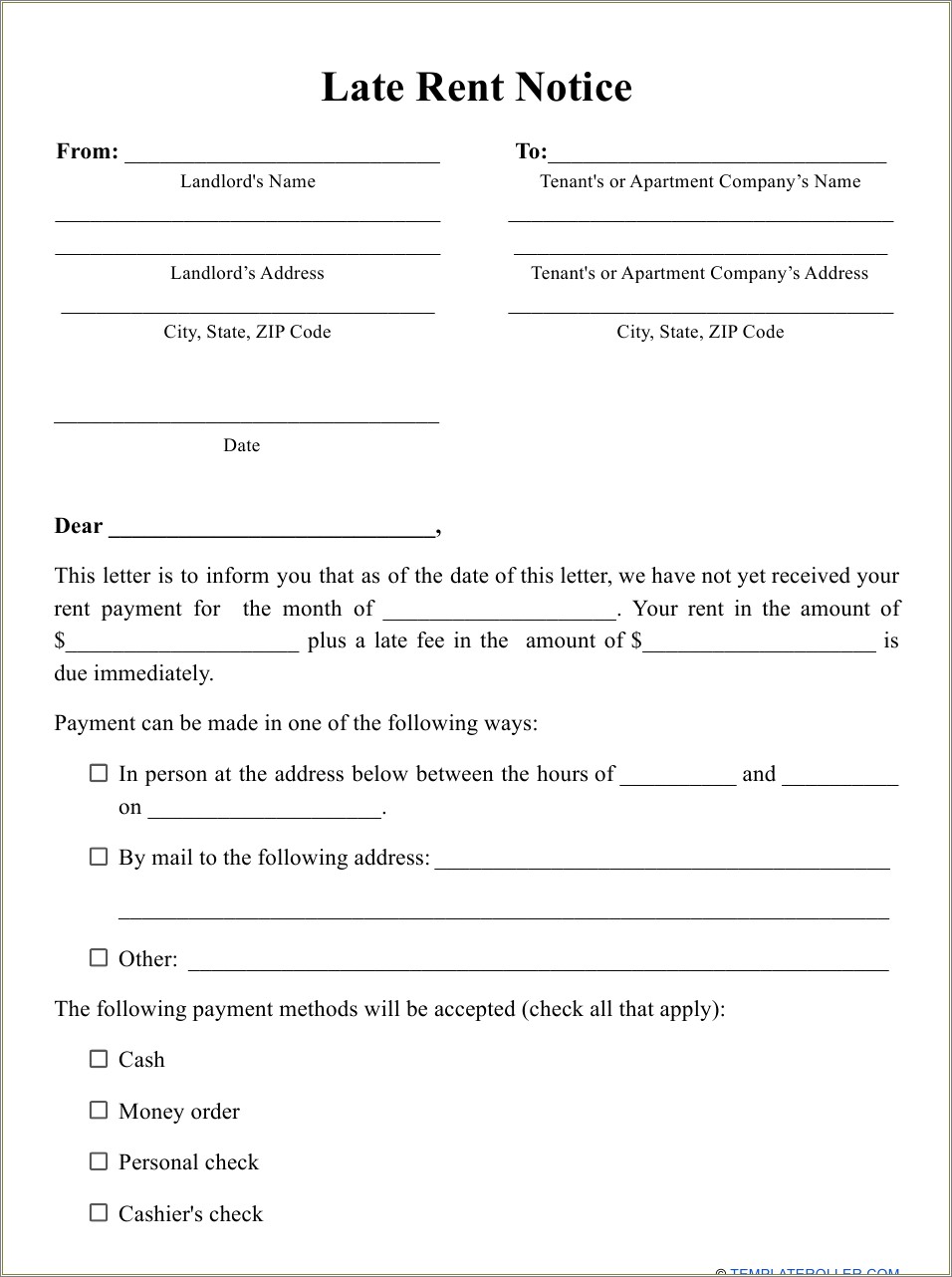 Free Template From Renter To Landlords Late Rent