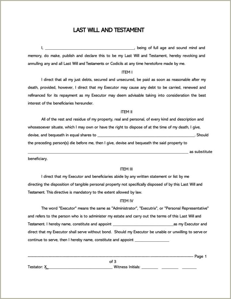 Free Template Of A Last Will And Testament