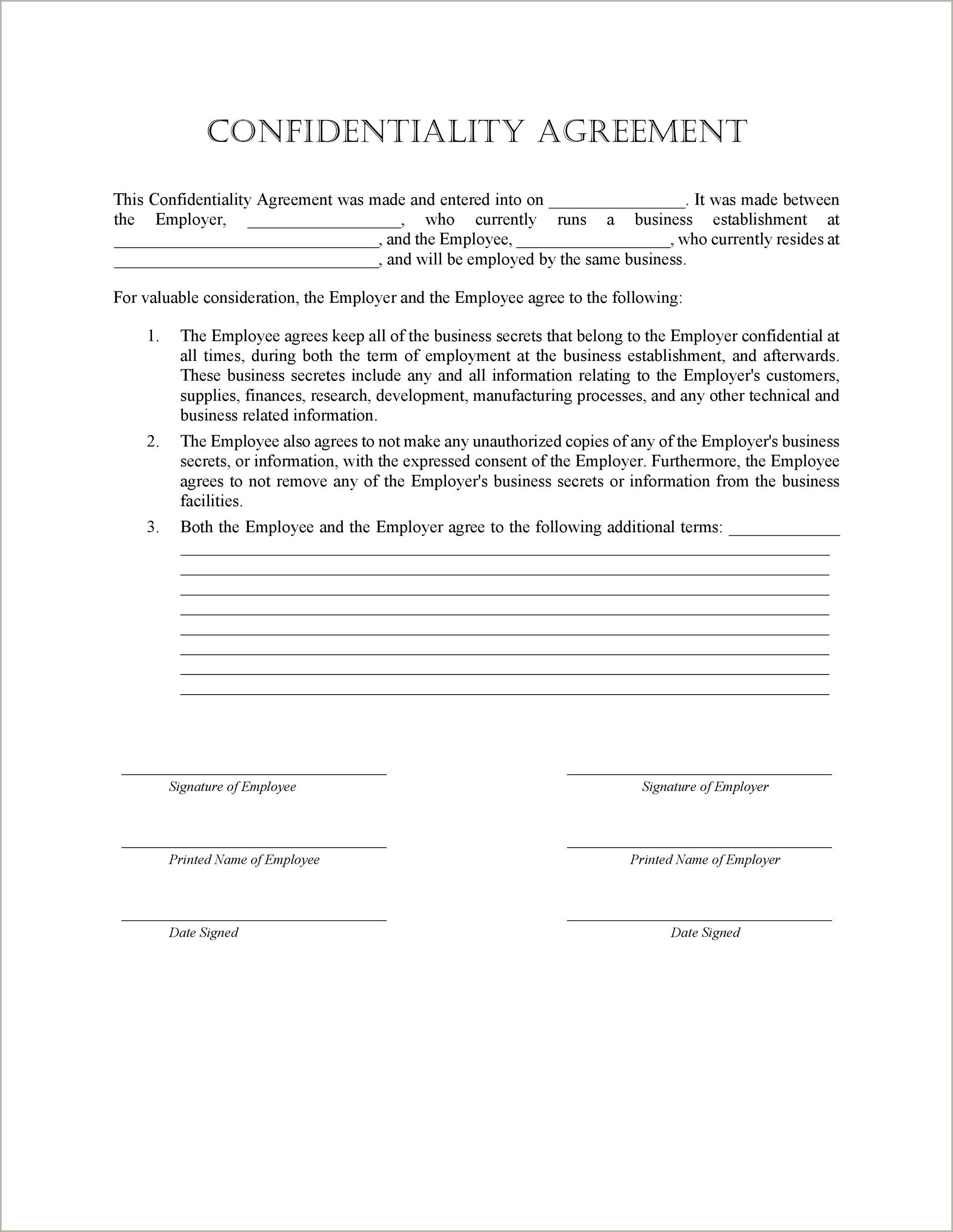 Free Template Of A Non Disclosure Agreement