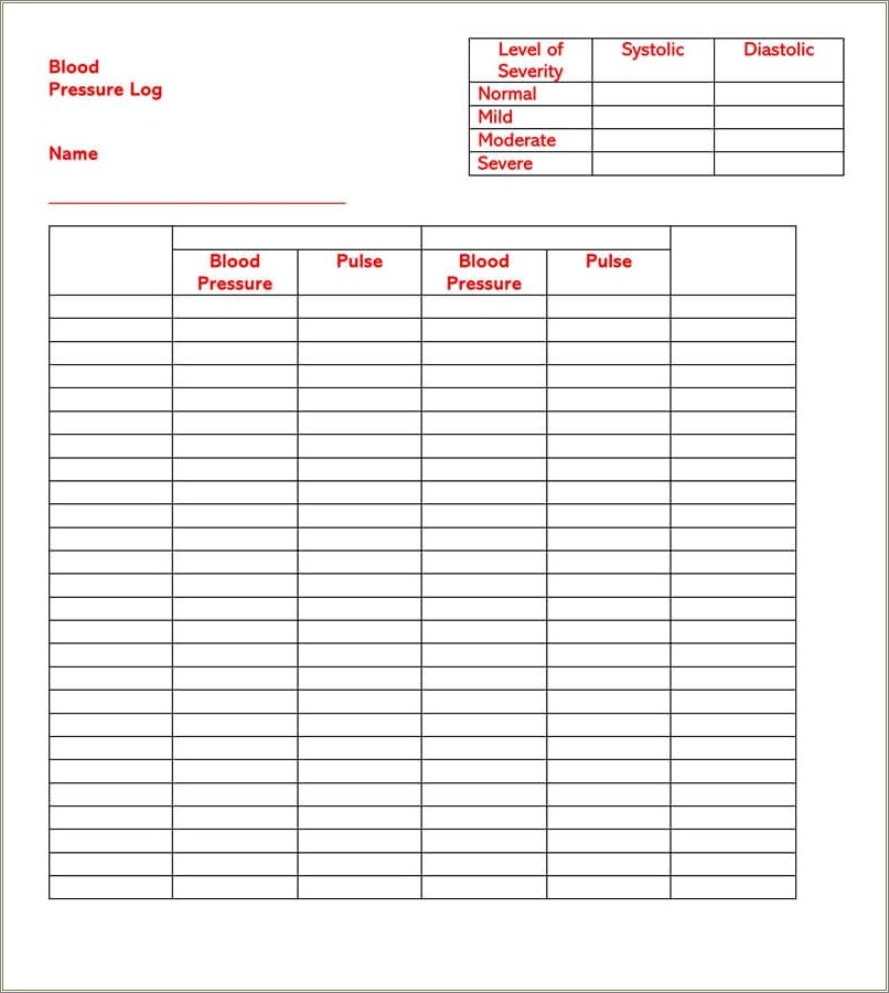 Free Templates For Blood Pressure Pulse Log