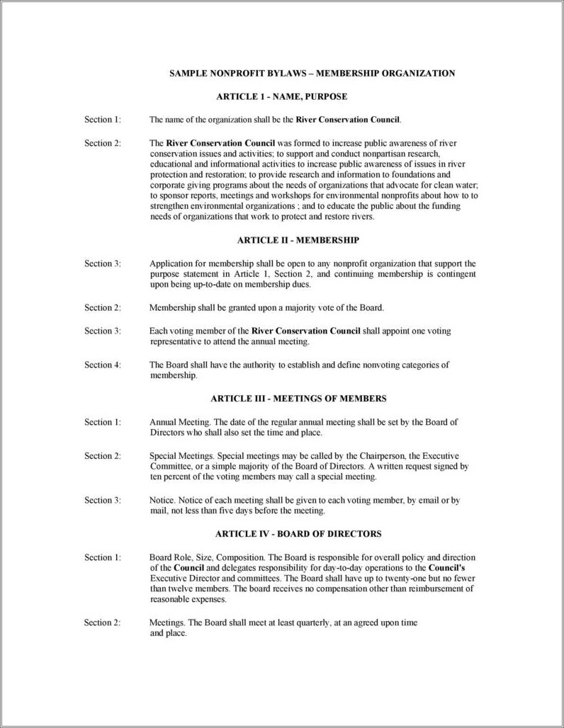 Free Templates Of Bylaws For Nonprofit Organization