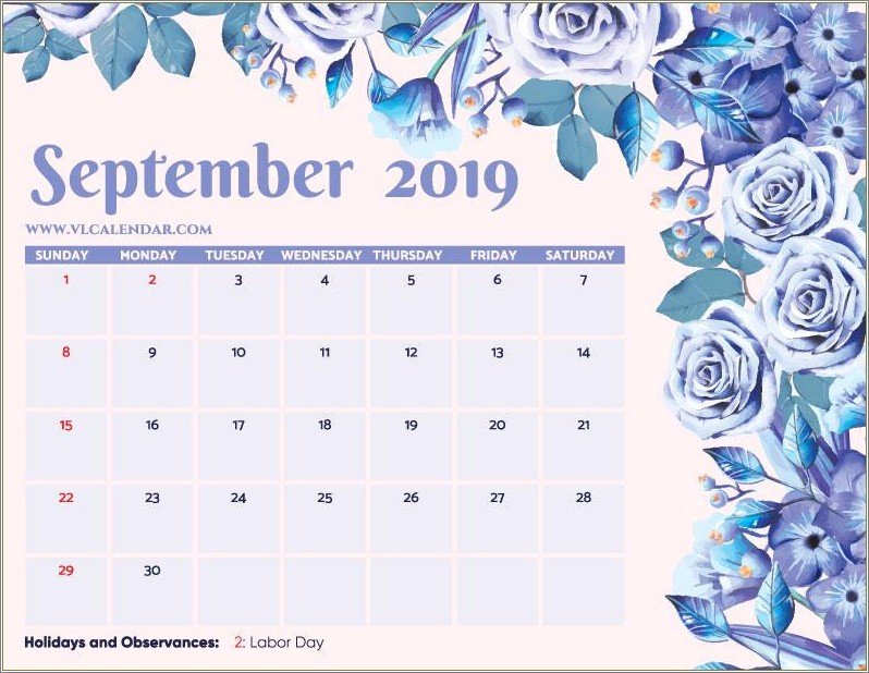 Free Templates Of September Calendar For 2019