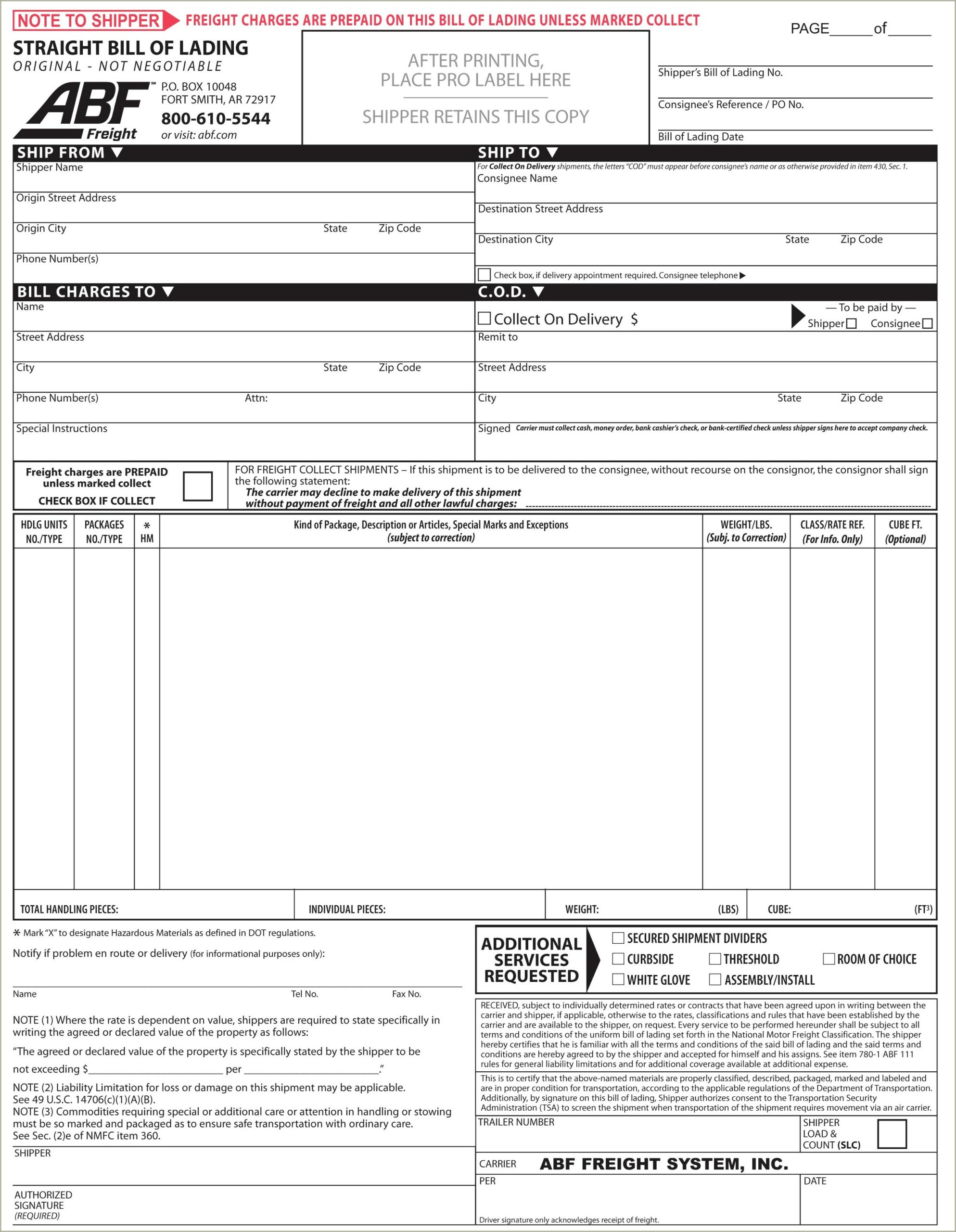Free Uniform Household Goods Bill Of Lading Template