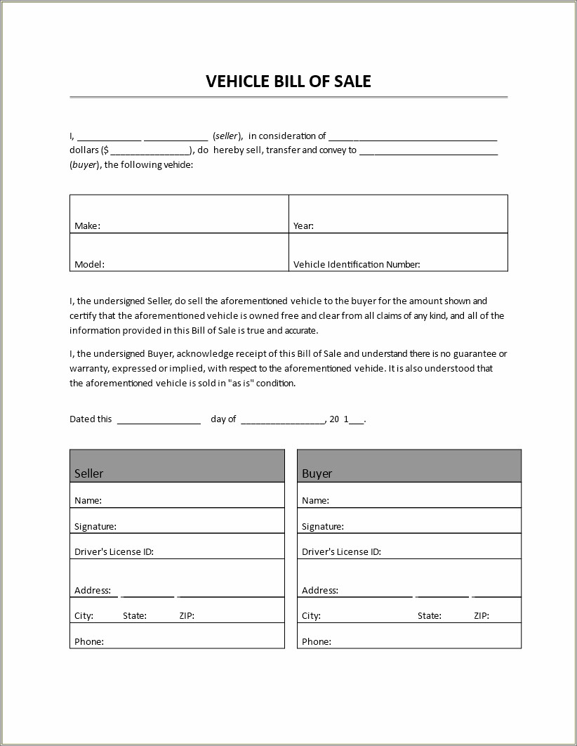 Free Used Vehicle Bill Of Sale Template
