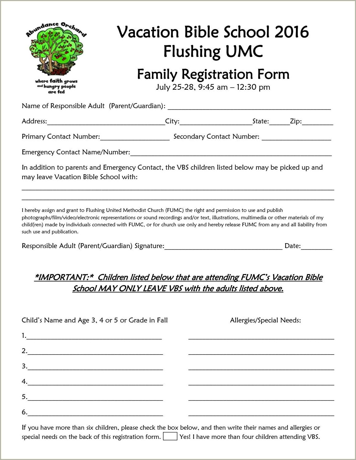Free Vacation Bible School Registration Form Template