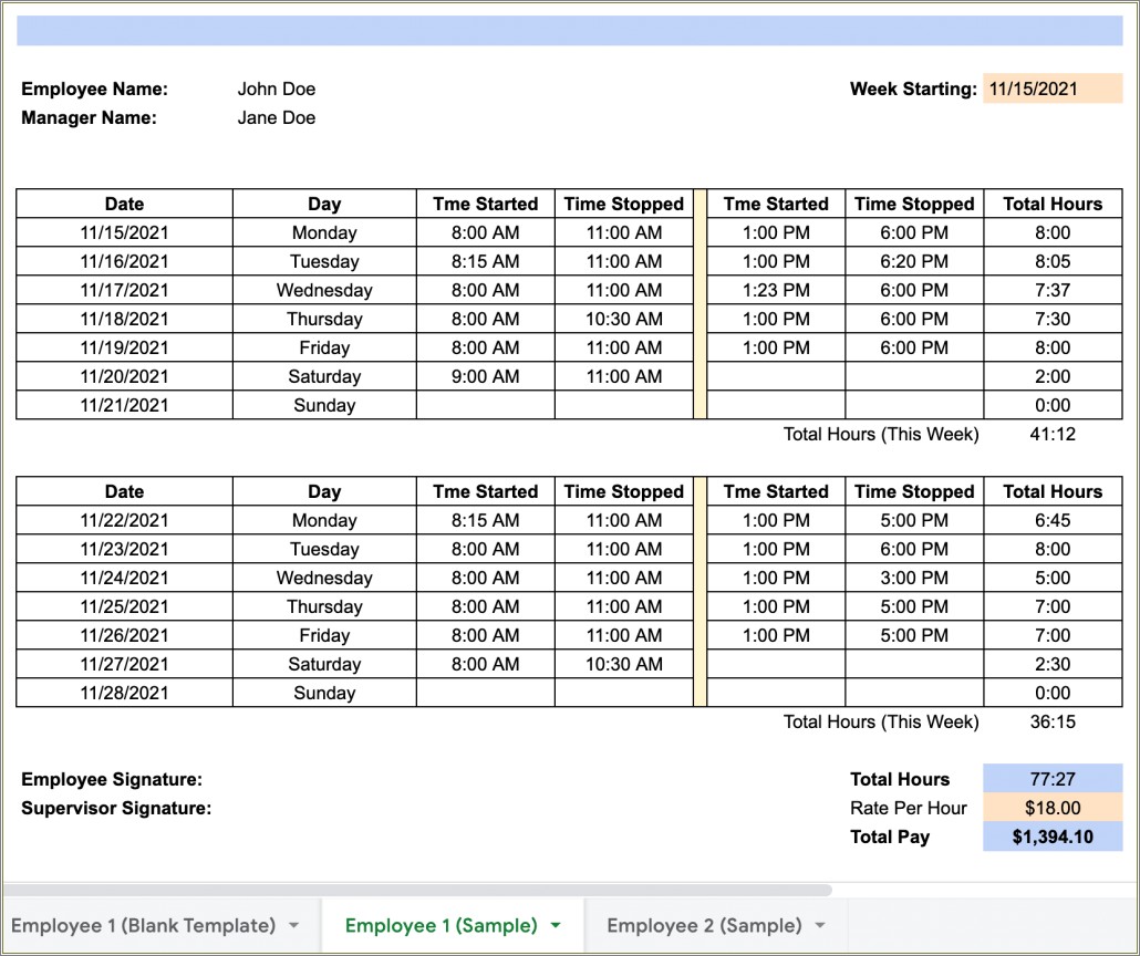 Free Weekly Excel Timesheet Template Multiple Employees