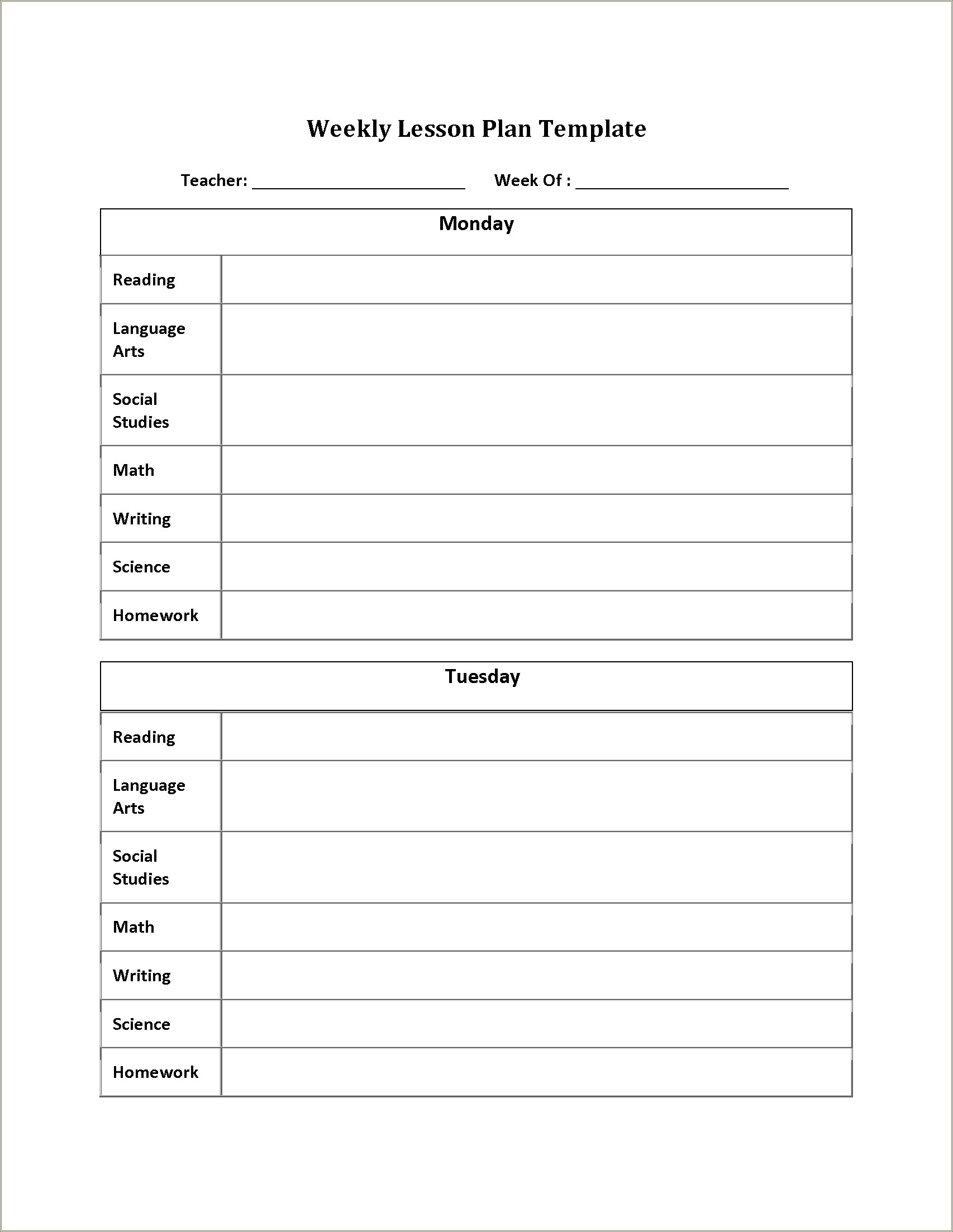 Free Weekly Lesson Plan Template For Teachers