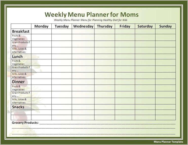 Free Weekly Meal Planner Template With Snacks