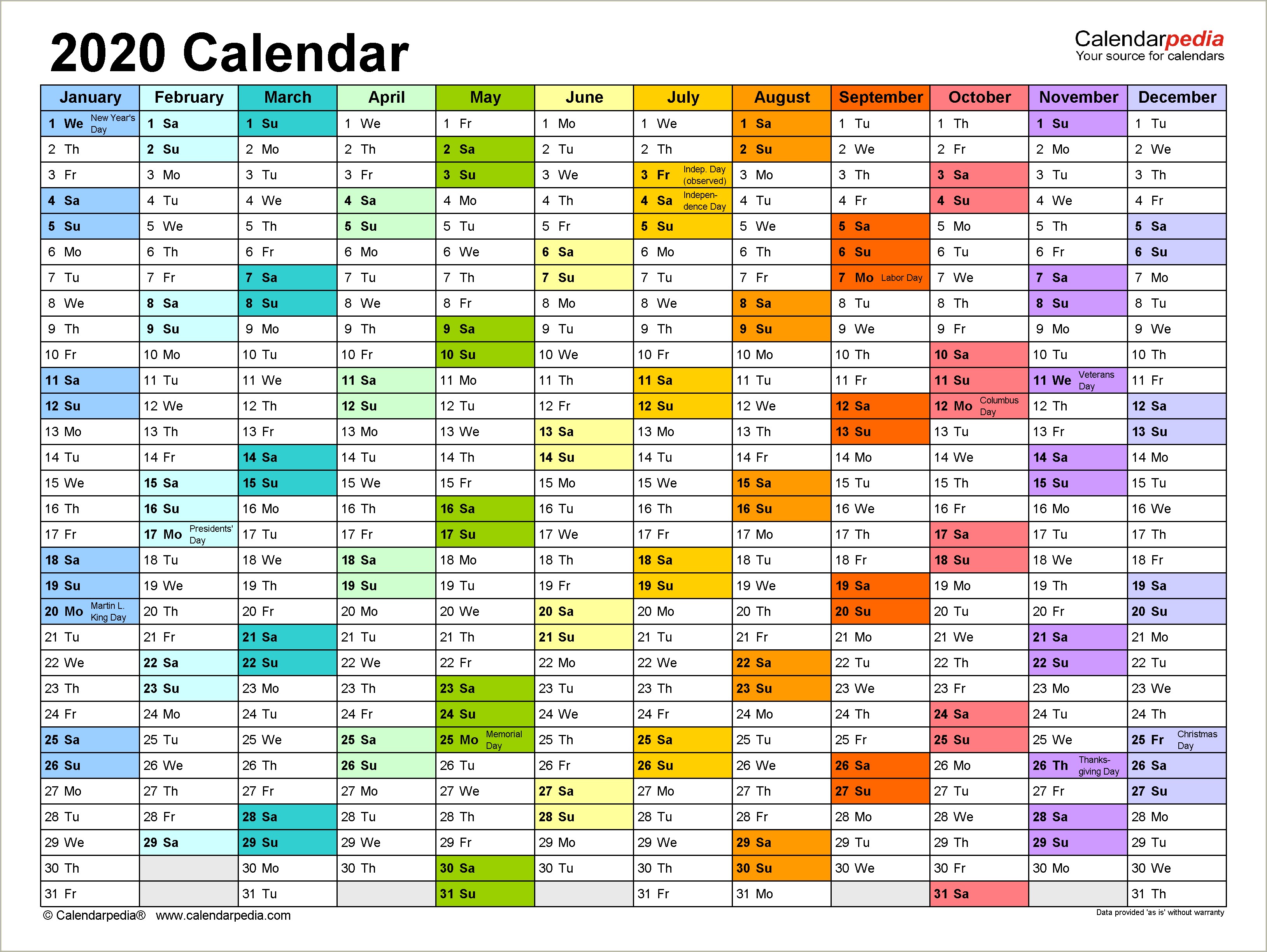 Free Year Long Monthly Calendar Template 2020