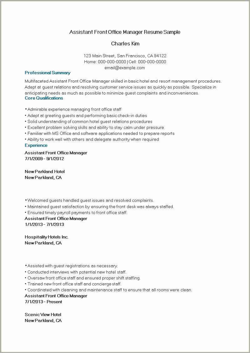 Front Office Duty Manager Resume