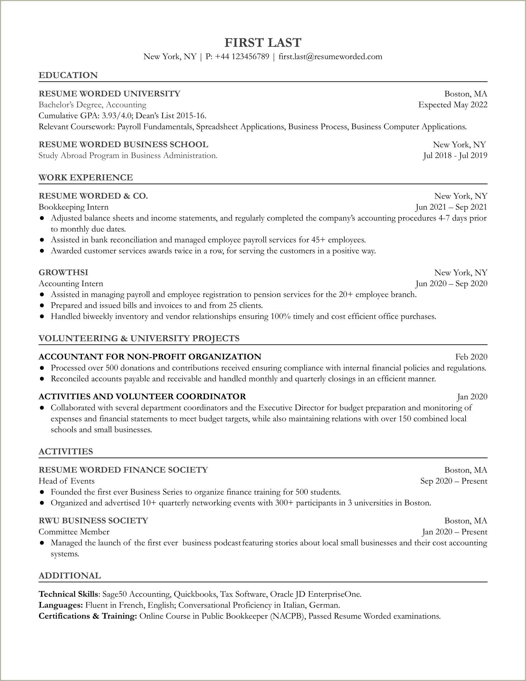 Full Charge Bookkeeper Resume Examples