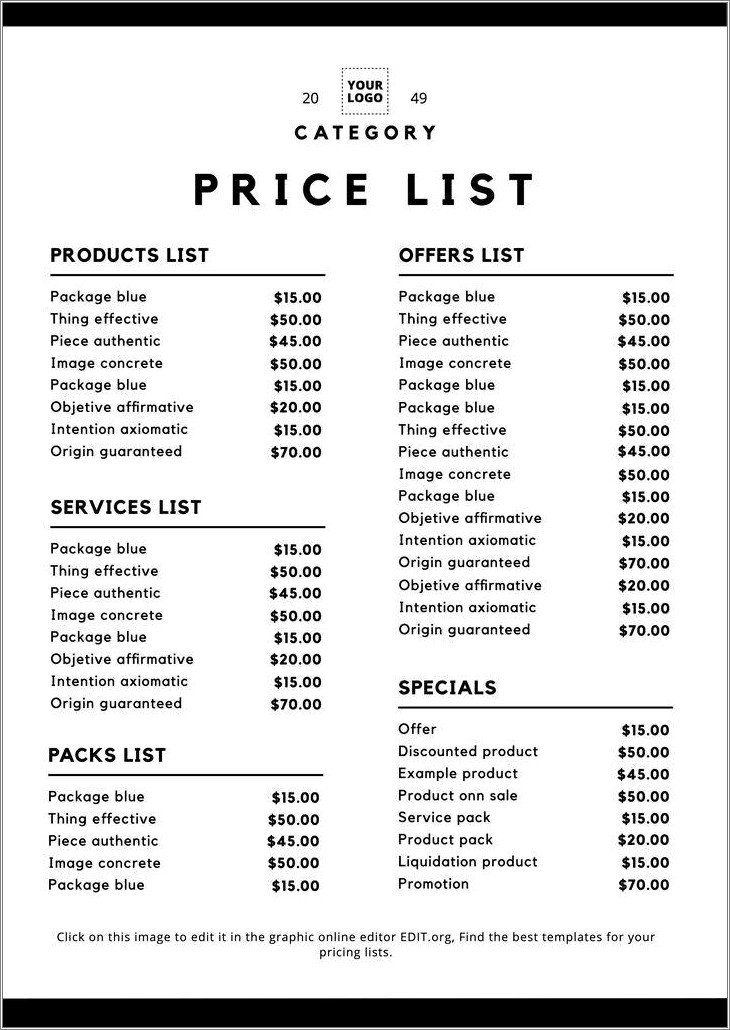 General Business Price List Template Free Download