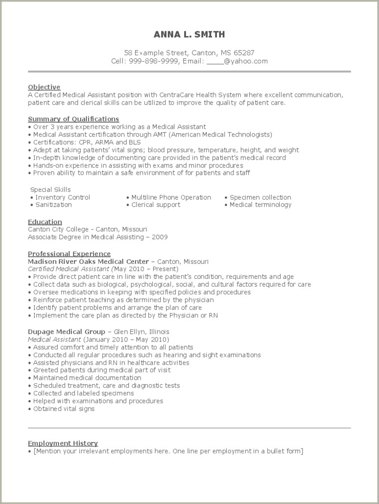 Good Medical Assistant Objective Resume