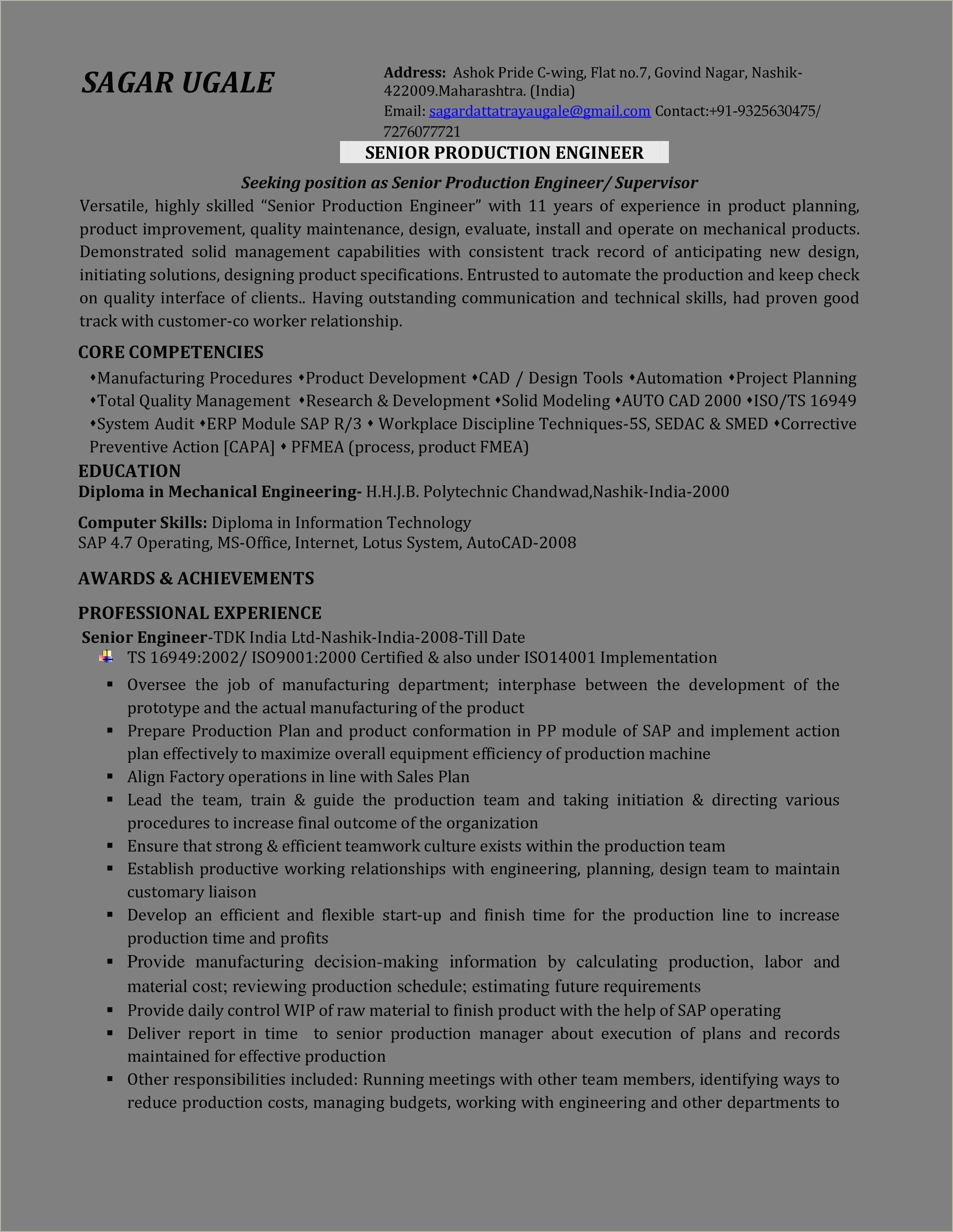 Good Resume Examples Manufacturing Engineer