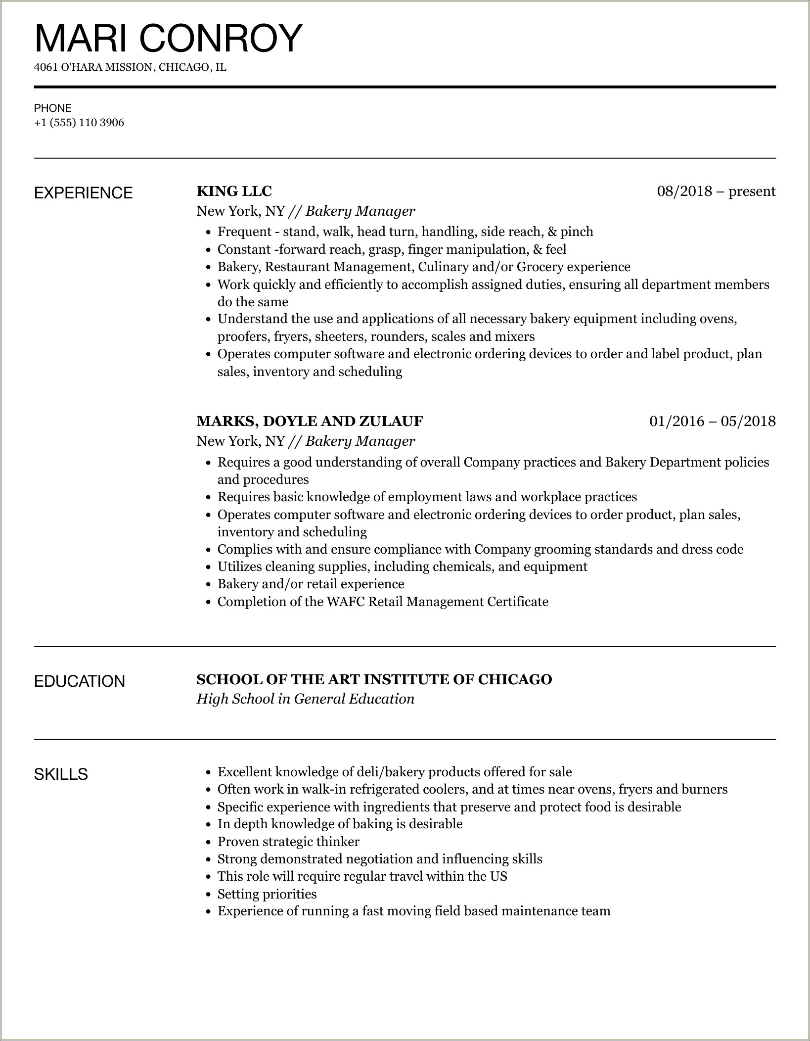 Grocery Store Bakery Manager Resume