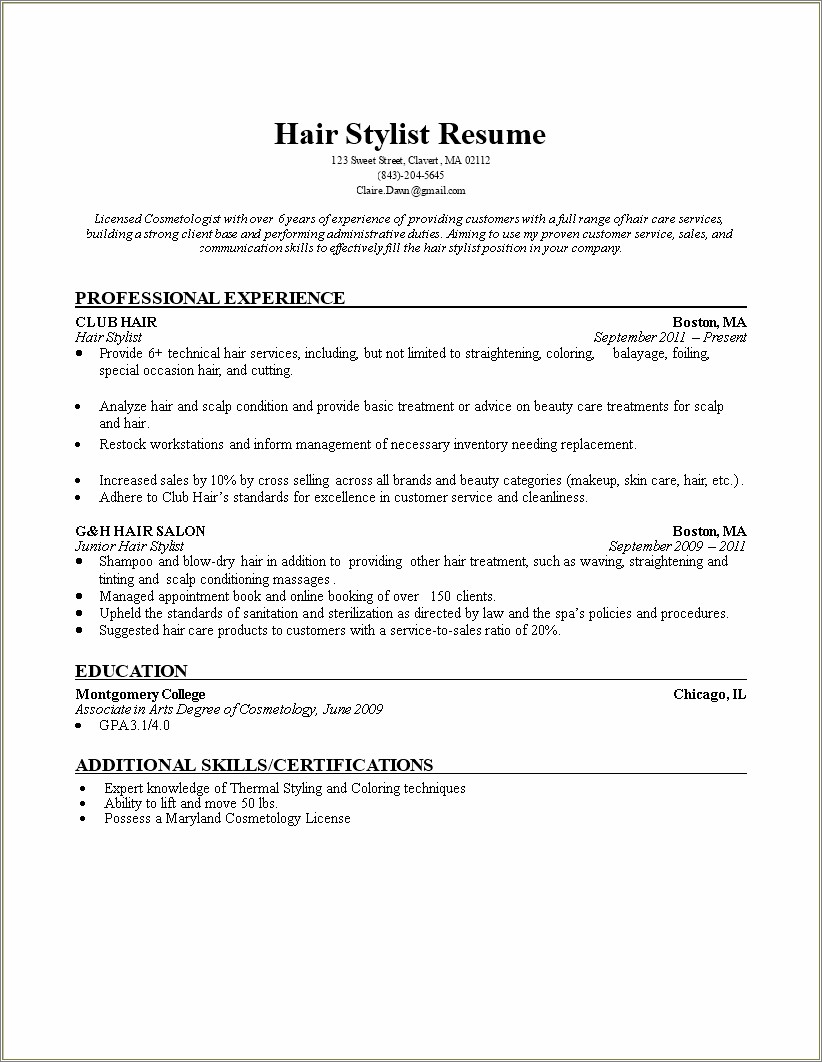 Hair Stylist Resume Sample Free
