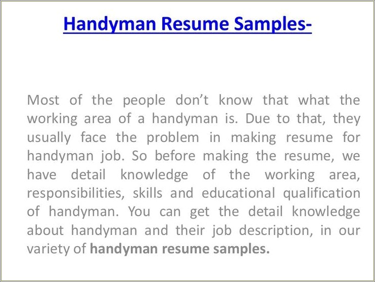 Handyman Job Description For Resume
