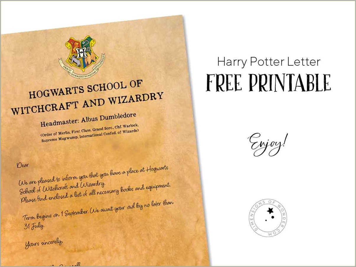 Harry Potter Invitation To Hogwarts Template Free