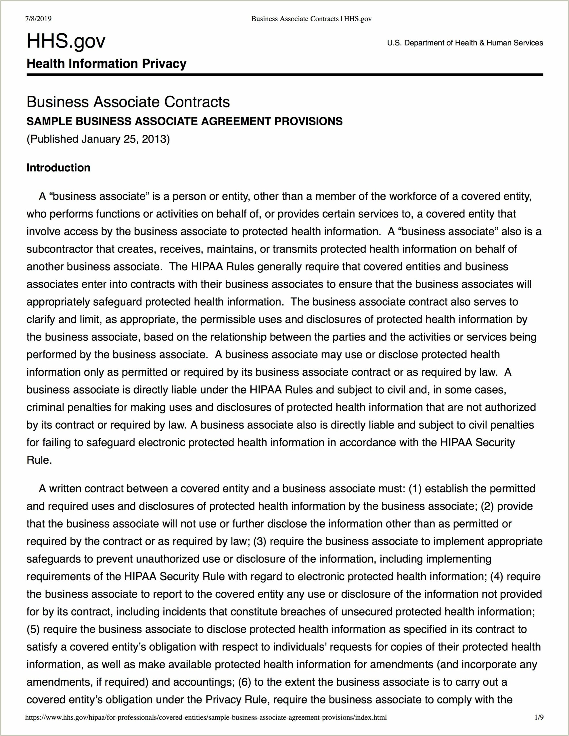 Hipaa Business Associate Agreement Free Template 2019