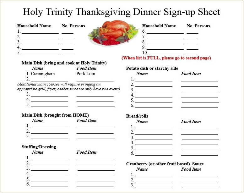 Holiday Pot Luch Sign Up Sheet Templates Free