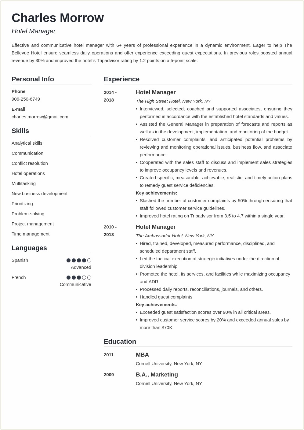 Hotel Management Objective In Resume