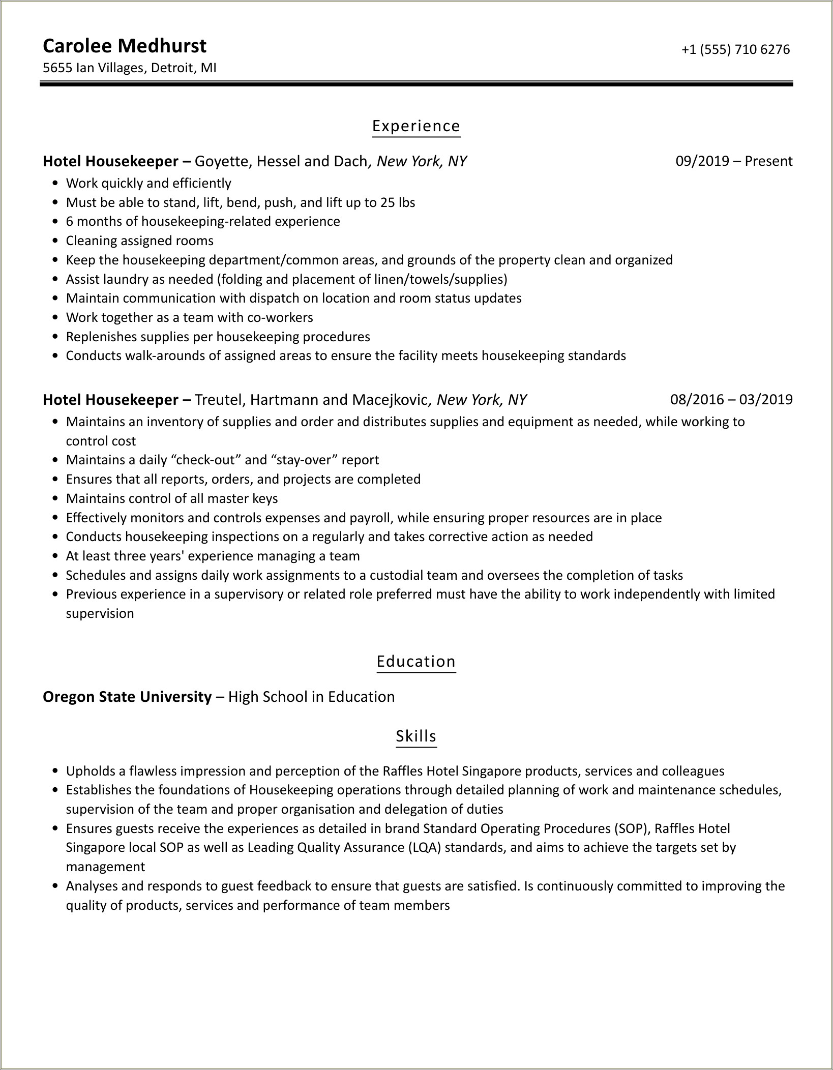 Housekeeping Job Description Hotel Resume