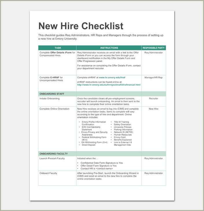 Human Resource New Hire Checklist Free Templates