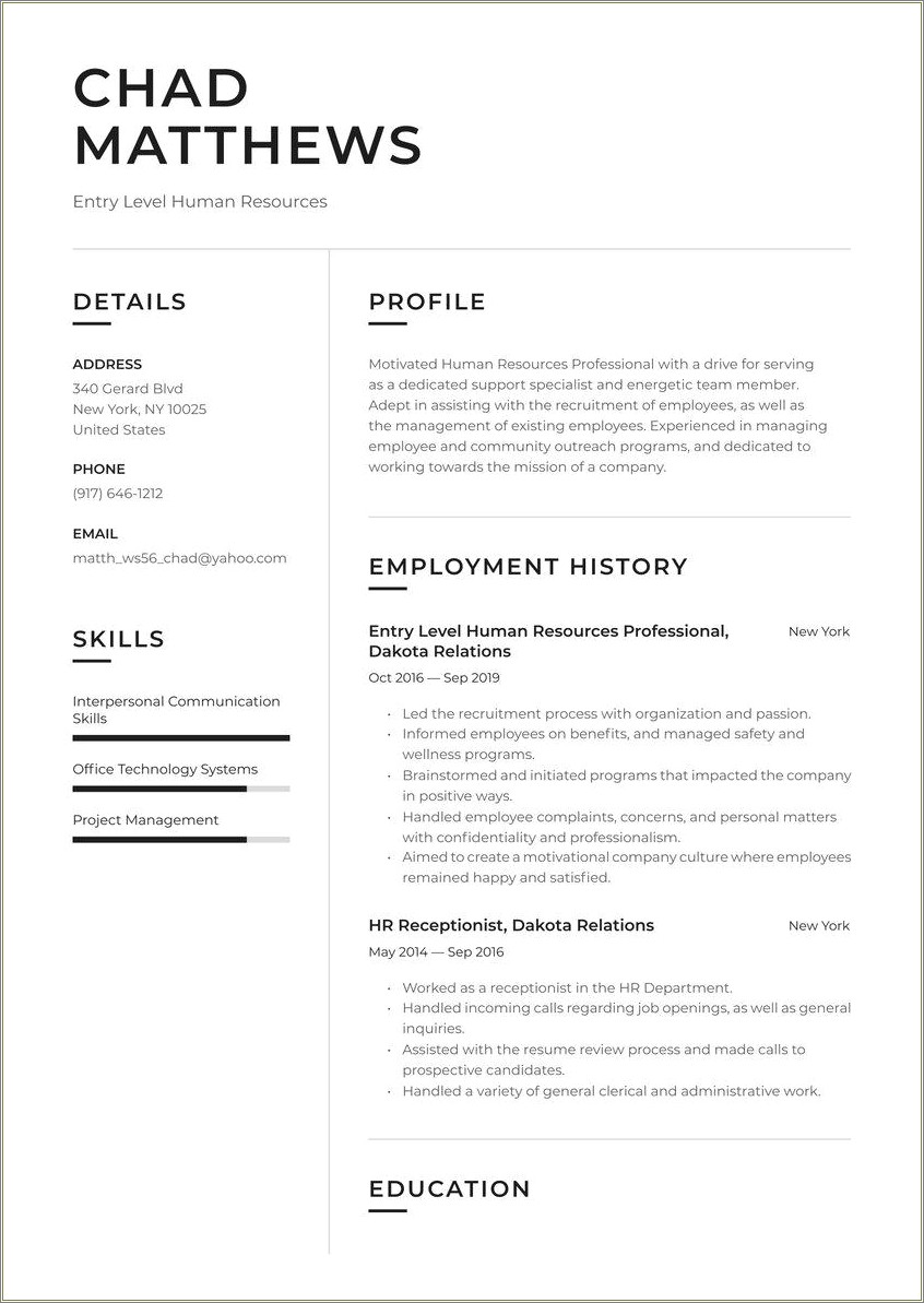 Human Resources Specialist Job Resume