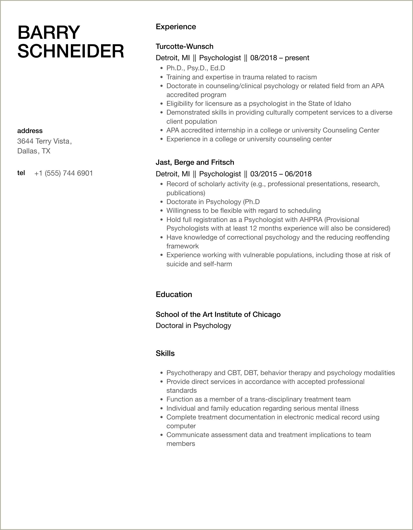 Industrial Organizational Psychology Resume Examples