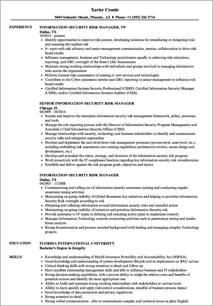 Information Security Manager Resume Objective
