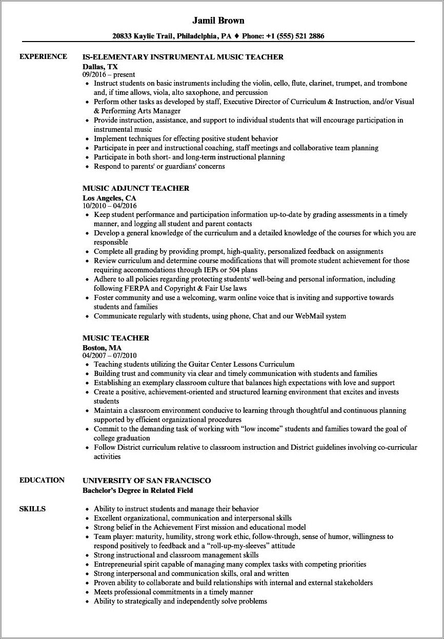 Instructor Music Job Description Resume