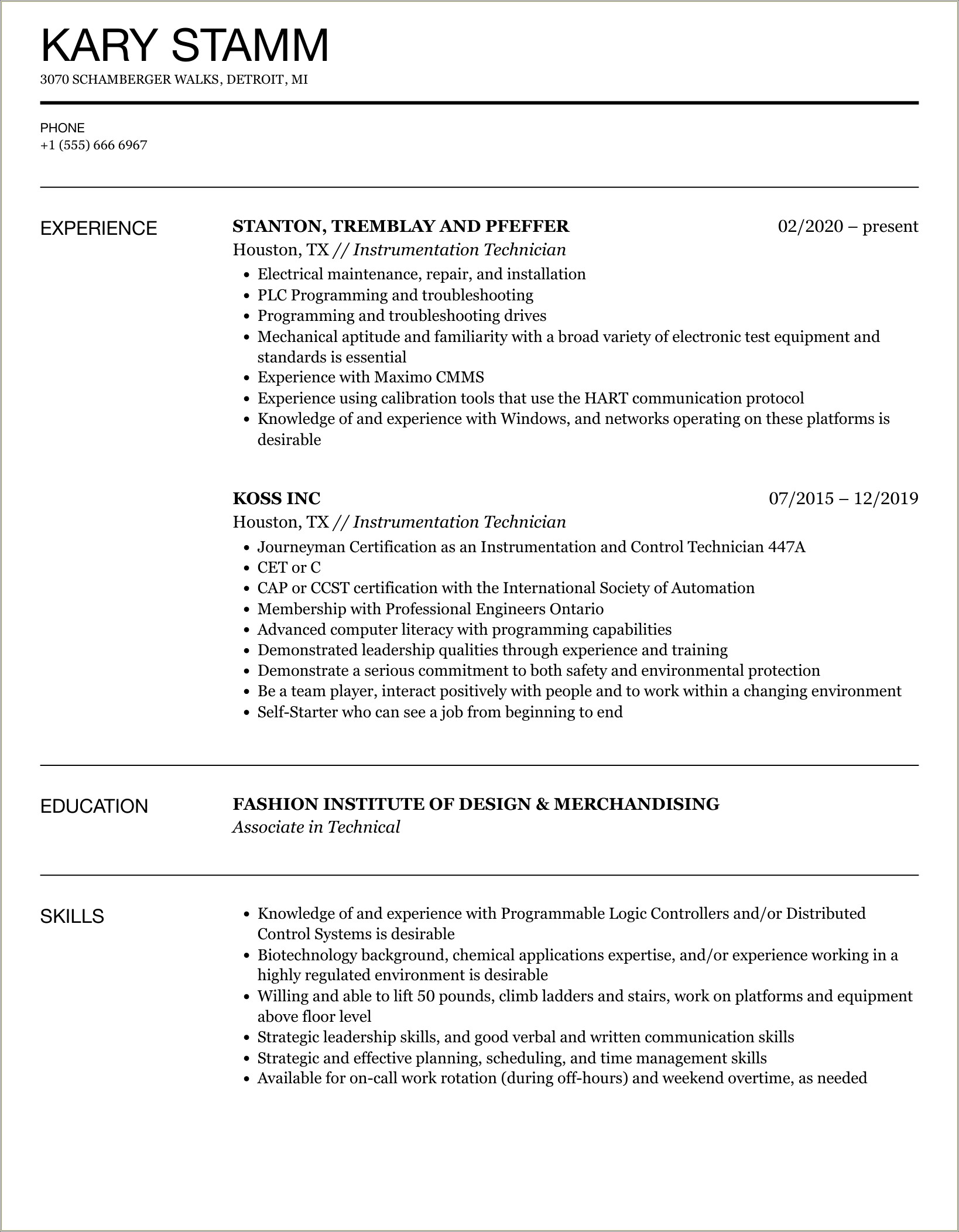 Instrument Technician Job Description Resume