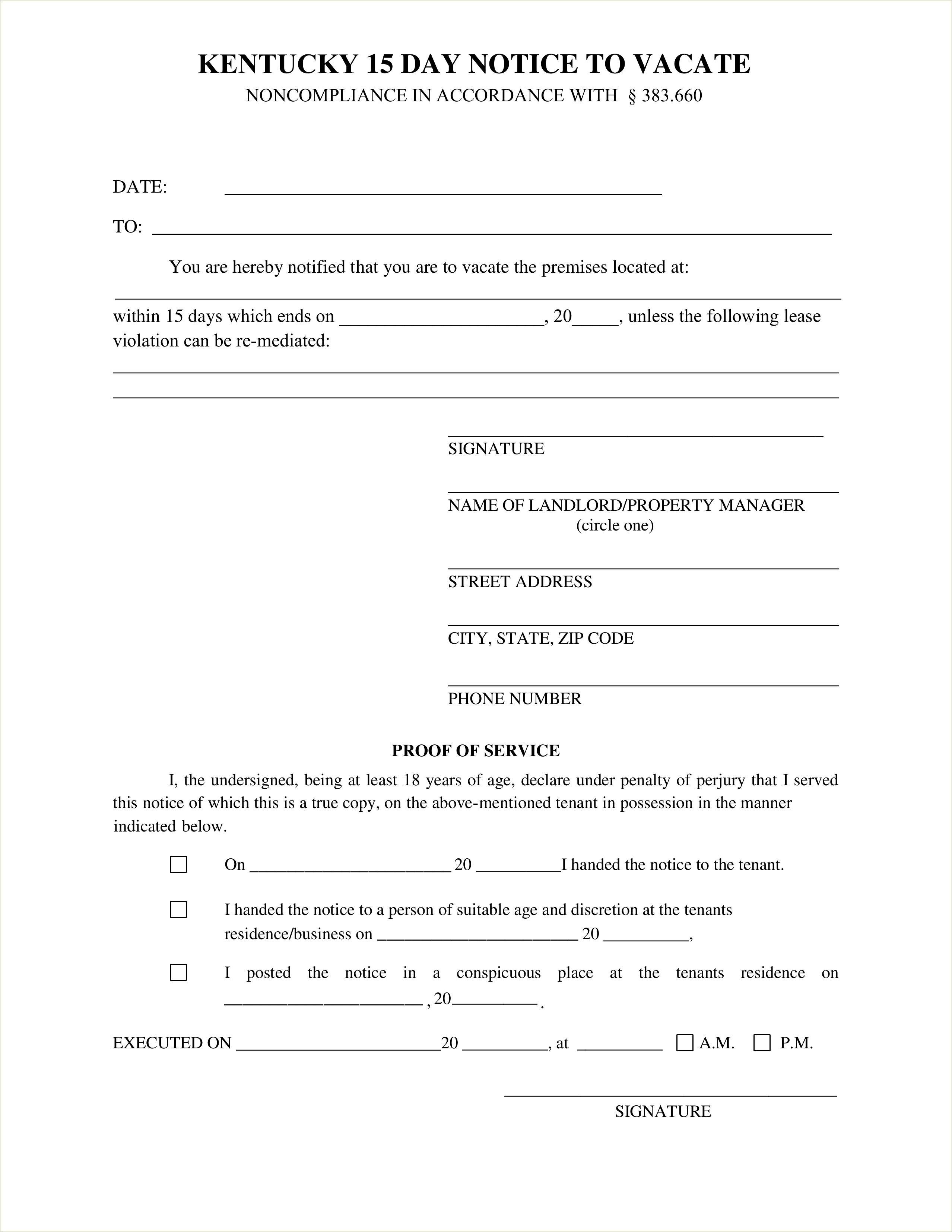 Intent To Vacate Notice Kentucky Free Template