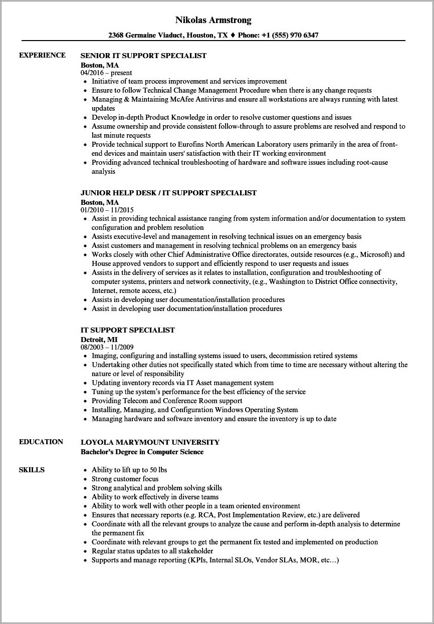 It Support Specialist Resume Objective