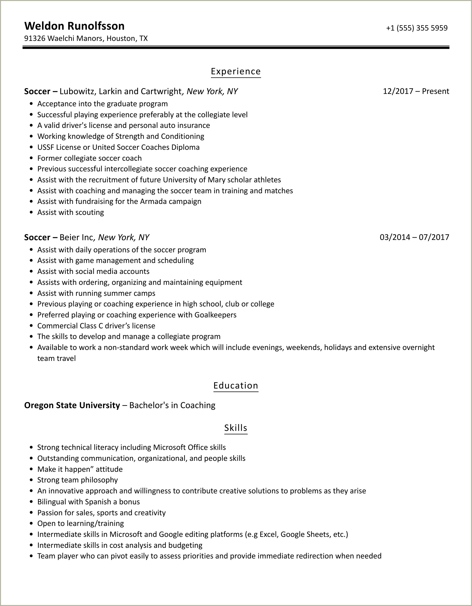 Kids Soccer Coach Resume Examples